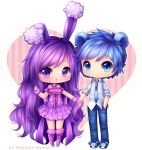  2014 animal_humanoid bear bear_humanoid blue_eyes blue_hair blush boots chibi choker clothed clothing dress duo ear_tuft female footwear front_view fully_clothed fur hair hand_holding happy heart_background humanoid hyanna-natsu jeans lagomorph long_hair male mammal necktie open_mouth pants purple_eyes purple_fur purple_hair purple_theme rabbit rabbit_humanoid ribbons shirt slippers smile standing tuft wristband 