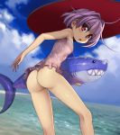  ahoge ass bare_arms bare_legs bare_shoulders blue_sky blush breasts commentary_request day feet_out_of_frame from_behind hair_intakes hat highres holding inflatable_shark inflatable_toy leaning_forward looking_at_viewer looking_back one-piece_swimsuit open_mouth outdoors purple_hair purple_swimsuit red_eyes shiny shiny_skin shope short_hair sky small_breasts solo standing strapless strapless_swimsuit sukuna_shinmyoumaru swimsuit thighs touhou water 