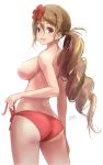  :d alternate_costume ass bangs bikini_bottom blush breasts brown_eyes brown_hair commentary_request eyebrows_visible_through_hair flower hair_between_eyes hair_flower hair_ornament haruto_(harut_n) kantai_collection large_breasts light_censor littorio_(kantai_collection) long_hair looking_at_viewer open_mouth ponytail red_bikini_bottom side-tie_bottom sidelocks signature simple_background smile swimsuit topless twisted_torso twitter_username wavy_hair white_background 