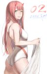  absurdres ass character_name competition_swimsuit cowboy_shot darling_in_the_franxx eyebrows_visible_through_hair green_eyes highres holding horns liudaohai6001 long_hair looking_at_viewer one-piece_swimsuit parted_lips pink_hair shiny shiny_skin sketch solo standing swimsuit very_long_hair white_background white_swimsuit zero_two_(darling_in_the_franxx) 