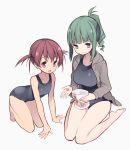  :d bangs bare_arms bare_legs bare_shoulders barefoot black_swimsuit brown_eyes brown_hair closed_mouth collarbone eyebrows_visible_through_hair fingernails green_eyes green_hair grey_background grey_jacket hair_between_eyes highres holding hood hood_down hooded_jacket itsumi_(itumiyuo) jacket kneeling long_sleeves multiple_girls one-piece_swimsuit open_clothes open_jacket open_mouth saki school_swimsuit short_twintails sidelocks simple_background sitting smile soles swimsuit takimi_haru twintails usuzumi_hatsumi wariza 