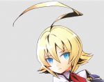 ahoge blazblue blonde_hair blue_eyes closed_mouth collared_shirt commentary cropped derivative_work english_commentary es_(xblaze) grey_background hair_between_eyes huge_ahoge katou_yuuki looking_at_viewer necktie official_art red_neckwear shirt short_hair simple_background solo white_shirt wing_collar xblaze 