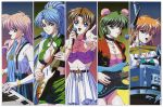  90s blue_eyes blue_hair bracelet breasts bridal_gauntlets brown_hair choker cleavage cleavage_cutout cross cross_necklace double_bun drumsticks green_eyes green_hair guitar high-waist_skirt high_ponytail holding holding_microphone instrument jacket jewelry juliana_(megami_paradise) large_breasts lilith_(megami_paradise) long_hair looking_at_viewer medium_breasts megami_paradise microphone midriff multiple_girls necklace non-web_source official_art open_clothes open_jacket open_mouth orange_hair outstretched_arm panels parted_lips pencil_skirt pendant piano pink_hair profile rurubell short_hair skirt sleeveless smile stashia suspenders very_long_hair yoshizane_akihiro 