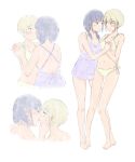  back barefoot bikini black_hair blonde_hair blush closed_eyes collarbone freckles hand_on_another's_cheek hand_on_another's_face highres holding_hands imminent_kiss interlocked_fingers looking_at_another low_twintails multiple_girls multiple_views noe_aoikaba open_mouth profile purple_swimsuit short_hair sketch swimsuit tamura_yuri tanaka_mako twintails watashi_ga_motenai_no_wa_dou_kangaetemo_omaera_ga_warui! white_background yellow_bikini yuri 