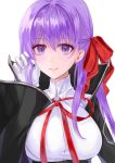  absurdres adjusting_hair bb_(fate)_(all) bb_(fate/extra_ccc) breasts commentary fate/grand_order fate_(series) gloves hair_ribbon highres kinokoko large_breasts light_blush long_hair looking_at_viewer purple_eyes purple_hair red_ribbon ribbon smile solo white_gloves 