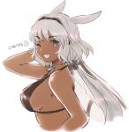  animal_ears bangs bikini bikini_top blue_eyes breasts caenis_(fate) character_name commentary dark_skin dog_tags fate/grand_order fate_(series) grin hair_intakes hairband jewelry large_breasts long_hair looking_at_viewer necklace one_eye_closed ponytail ponytail_holder roby_(lilirenzu) sideboob smile solo swimsuit upper_body white_background white_hair 