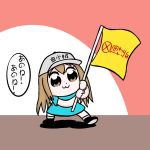  1girl :3 aomokoka black_footwear blue_shirt boots brown_eyes brown_hair flag hair_between_eyes hat hataraku_saibou holding long_hair parody platelet_(hataraku_saibou) poptepipic popuko shirt solo 