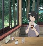  black_hair cup day desk drinking_glass flower forest green_eyes grey_shirt gumi. highres holding holding_cup indoors looking_at_viewer nature no_smoking original parted_lips shirt short_hair short_sleeves sipping sitting smile solo sugar_bowl window 
