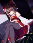  ascot bangs bare_shoulders black_legwear blush bow brown_eyes brown_hair closed_mouth crossed_legs ddt_(darktrident) detached_sleeves dutch_angle eyebrows_visible_through_hair frilled_skirt frills hair_bow hair_tubes hakurei_reimu highres long_hair looking_at_viewer pantyhose red_bow red_skirt red_vest ribbon-trimmed_sleeves ribbon_trim sitting skirt skirt_set sliding_doors solo touhou vest wide_sleeves yellow_neckwear 