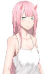  :t absurdres blue_eyes breasts cleavage collarbone darling_in_the_franxx highres horns liudaohai6001 long_hair looking_at_viewer medium_breasts pink_hair shirt simple_background sketch sleeveless sleeveless_shirt solo upper_body very_long_hair white_background white_shirt zero_two_(darling_in_the_franxx) 