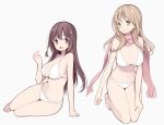  :d :o arm_support bangs bare_arms bare_legs bare_shoulders barefoot bikini breasts brown_eyes brown_hair cleavage eyebrows_visible_through_hair fingernails fringe_trim green_eyes grey_background hair_between_eyes hair_ornament hand_up highres itsumi_(itumiyuo) kneeling large_breasts light_brown_hair long_hair looking_at_viewer matsumi_kuro matsumi_yuu medium_breasts multiple_girls navel open_mouth parted_lips pink_scarf saki saki_achiga-hen scarf siblings simple_background sisters smile swimsuit very_long_hair white_bikini 