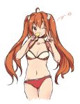  adapted_costume ahoge bikini breasts brown_hair cleavage cowboy_shot eiyuu_densetsu estelle_bright food grin long_hair looking_at_viewer medium_breasts navel one_eye_closed popsicle red_eyes rururu_(make9205) simple_background sketch smile solo sora_no_kiseki star swimsuit twintails v white_background 