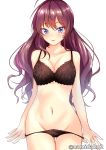  :3 ahoge artist_name black_bra black_panties blue_eyes blush bra breasts brown_hair cleavage commentary_request highres ichinose_shiki idolmaster idolmaster_cinderella_girls large_breasts long_hair looking_at_viewer namidako navel panties panty_pull solo underwear undressing wavy_hair 