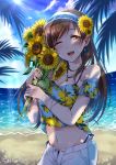  ;d artist_name bare_shoulders bikini bikini_under_clothes blue_bikini blush breasts brown_eyes brown_hair cleavage collarbone commentary_request cowboy_shot day earrings eyebrows_visible_through_hair flower gen_(enji) hair_flower hair_ornament highres holding holding_flower idolmaster idolmaster_cinderella_girls jewelry lemon_print long_hair medium_breasts nail_polish navel necklace nitta_minami ocean one_eye_closed open_fly open_mouth outdoors pants smile solo sun sunflower sunflower_hair_ornament swimsuit visor_cap 