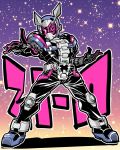  background_text belt bodysuit character_name full_body gradient gradient_background helmet kamen_rider kamen_rider_zi-o kamen_rider_zi-o_(series) katana_(life_is_beautiful) male_focus outstretched_hand pose purple_background rider_belt silver_trim simple_background solo star starry_background 