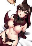  1girl animal_ears bangs bed_sheet belt_collar blush breasts brown_hair commentary cowfee drooling english_commentary eyebrows_visible_through_hair food highres hot_dog large_breasts long_hair looking_up navel nipples nude original parted_lips paws pubic_hair sitting solo tail thighhighs wolf_ears wolf_tail 