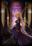  :d ahoge b3b backlighting black_legwear black_shirt blonde_hair blue_eyes cherry_blossoms church floating_hair hair_over_one_eye highres indoors long_hair looking_at_viewer open_mouth original pantyhose purple_skirt shirt skirt smile solo standing very_long_hair 