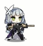  animated animated_gif assault_rifle blue_hair bow butterfly_hair_ornament chibi dress frilled_dress frills girls_frontline gun hair_ornament heckler_&amp;_koch hk416 hk416_(girls_frontline) holding holding_weapon leggings lowres non-web_source official_art rifle saru weapon yellow_eyes 