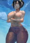  alternate_breast_size arms_under_breasts artist_name avatar:_the_last_airbender avatar_(series) bare_shoulders black_hair breast_hold breasts collarbone crossed_arms cutesexyrobutts green_eyes hairband highres hips large_breasts lips looking_at_viewer navel nipples parted_lips short_hair signature thick_thighs thighs toph_bei_fong topless 