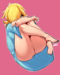  1girl blonde_hair blue_eyes bottomless crossed_arms feet hair_over_one_eye knees_to_chest leg_hug mario_(series) nintendo no_panties pussy rosetta_(mario) signature simple_background solo super_mario_world toes uncensored 