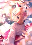  animal_ear_fluff animal_ears arm_support bangs blonde_hair blurry blurry_background blurry_foreground blush bow chita_(ketchup) commentary_request day depth_of_field eyebrows_visible_through_hair flower fox_ears fox_girl fox_tail hair_between_eyes hair_flower hair_ornament hair_over_shoulder hakama hakama_skirt head_tilt highres japanese_clothes kimono legs_together light_brown_hair long_hair long_sleeves looking_at_viewer looking_back multicolored multicolored_eyes nose_blush obi original outdoors parted_lips pink_flower red_bow red_eyes red_hakama sash short_eyebrows short_kimono signature sitting sleeves_past_wrists solo sunlight tail thick_eyebrows thighhighs tree tree_branch very_long_hair white_kimono white_legwear wide_sleeves yellow_eyes 