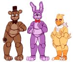  3_toes 5_fingers animatronic anthro avian barefoot bear bird bonnie_(fnaf) bow_tie chica_(fnaf) chicken claws digital_media_(artwork) five_nights_at_freddy&#039;s freddy_(fnaf) group hat holding_microphone holding_object lagomorph long_ears looking_aside machine mammal microphone monsterkitties nude rabbit robot simple_background sketch standing toes top_hat video_games white_background 