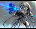  backpack bag blue_eyes bodysuit eyebrows_visible_through_hair firing gia gloves headset holding holding_weapon looking_away original railgun science_fiction short_hair sideways_glance signature solo spot_color weapon 