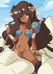  90s armor big_hair bikini_armor blue_sky blurry blurry_background bracelet breasts bridgeless_bra brown_eyes brown_hair closed_mouth cloud commentary dark_skin day english_commentary fantasy gem highres holding horns jewelry long_hair looking_at_viewer medium_breasts monster navel original outdoors pauldrons reins riding simple_background sitting sky solo vins-mousseux 