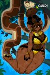  anthro antlers big_breasts bikini body_outline breasts brown_fur brown_hair brown_scales brown_spots cervine cleavage clothed clothing ear_piercing eyes_closed female feral fur hair hoof_hands hooves horn hypnofood imprint internal jewelry jungle_book kaa_(jungle_book) long_hair mammal navel navel_piercing neck_bulge necklace piercing ponytail rein&agrave; reindeer reptile scales scalie smile snake soft_vore spots swetadrop swimsuit tree vore 