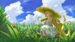  blonde_hair blue_sky brown_footwear bug cloud cloudy_sky commentary_request corn day dress eating field from_side granblue_fantasy grass harvin hat highres holding insect ladybug long_hair melissabelle outdoors prehensile_hair shoes sitting sky solo strap_slip straw_hat sundress very_long_hair wasabi60 white_dress 