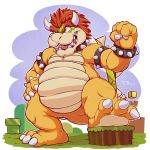  2015 anthro barefoot belly bowser bracelet claws digital_media_(artwork) hair horn jewelry koopa male mario_bros musclegut nintendo red_hair scalie signature smile solo standing teaselbone teeth toe_claws tongue video_games yellow_skin 