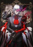  antonio_salieri_(fate/grand_order) blonde_hair blood bloody_knife cravat fate/grand_order fate_(series) formal highres jewelry kanashiki knife long_hair looking_at_viewer mask multiple_boys necklace painting_(object) pinstripe_suit pixiv_fate/grand_order_contest_2 red_eyes striped suit very_long_hair wallpaper_(object) white_hair wolfgang_amadeus_mozart_(fate/grand_order) 