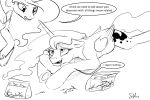  2015 dialogue drugs duo english_text equine feathered_wings feathers female feral friendship_is_magic horn lying mammal monochrome my_little_pony on_front princess_celestia_(mlp) princess_luna_(mlp) silfoe simple_background text underhoof white_background winged_unicorn wings 