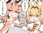  animal_ears blonde_hair blue_eyes blush bow bowtie breast_press breasts caracal_(kemono_friends) caracal_ears elbow_gloves extra_ears eyebrows_visible_through_hair gloves green_hair hair_between_eyes hat heart kemono_friends kyururu_(kemono_friends) large_breasts multiple_girls open_mouth orange_hair serval_(kemono_friends) serval_ears serval_print shirt short_hair simple_background sketchbook sleeveless sleeveless_shirt smile tanaka_kusao translated white_background 