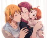  ahoge baby black_shirt blush child_carry closed_eyes clover_hair_ornament collarbone hair_ornament hair_over_shoulder hair_scrunchie hand_on_another's_shoulder highres holding if_they_mated ips_cells kiss kougi_hiroshi long_hair love_live! love_live!_sunshine!! mother_and_daughter multiple_girls no_pants polka_dot polka_dot_scrunchie puckered_lips red_hair sakurauchi_riko scrunchie shirt short_hair short_sleeves smile takami_chika upper_body yellow_eyes yuri 