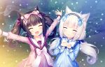  :3 ^_^ animal_ears arms_up black_hair blush bow cat_ears chocola_(sayori) closed_eyes closed_mouth dress eyebrows_visible_through_hair game_cg hair_bow hairband highres long_hair multiple_girls nekopara non-web_source open_mouth outdoors outstretched_arms sayori smile snow spread_arms twintails vanilla_(sayori) white_hair younger 