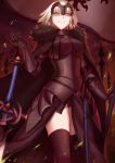  armor armored_dress bangs banner black_armor black_capelet black_cloak black_dress black_legwear black_panties blonde_hair breasts capelet chain cloud cloudy_sky commentary dress english_commentary eyebrows_visible_through_hair fate/grand_order fate_(series) faulds from_below fur-trimmed_cloak fur_collar gauntlets grin hair_between_eyes half-closed_eyes hand_up headpiece highres jeanne_d'arc_(alter)_(fate) jeanne_d'arc_(fate)_(all) kakeku large_breasts long_dress long_sleeves looking_at_viewer medium_hair outdoors panties pantyshot pantyshot_(standing) plackart planted_sword planted_weapon sky slit_pupils smile smoke solo sparks standing sword thighhighs underwear weapon yellow_eyes 