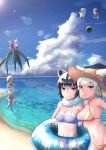  &gt;:) :3 animal_ears arms_up ball bangs bare_arms bare_shoulders beach beachball bikini bird bird_tail bird_wings black_hair blonde_hair blue_sky breasts brown_coat brown_hair cleavage closed_eyes closed_mouth cloud cloudy_sky coat commentary common_raccoon_(kemono_friends) day ears_through_headwear elbow_gloves emperor_penguin_(kemono_friends) eurasian_eagle_owl_(kemono_friends) extra_ears eyebrows_visible_through_hair fennec_(kemono_friends) flying food fox_ears front-tie_bikini front-tie_top fruit fur_collar gentoo_penguin_(kemono_friends) gloves grey_coat grey_legwear hair_between_eyes halterneck hat head_wings holding holding_ball humboldt_penguin_(kemono_friends) jacket japanese_crested_ibis_(kemono_friends) kemono_friends long_hair long_sleeves looking_at_viewer multicolored_hair multiple_girls navel net northern_white-faced_owl_(kemono_friends) ocean open_mouth otter_ears otter_tail outdoors palm_tree pantyhose partially_submerged penguins_performance_project_(kemono_friends) raccoon_ears red_hair red_legwear rockhopper_penguin_(kemono_friends) royal_penguin_(kemono_friends) sand seagull short_hair skirt sky small-clawed_otter_(kemono_friends) st.takuma stomach straw_hat swimming swimsuit tail thighhighs tree tsurime two-tone_hair water watermelon white_hair wings 