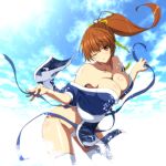  breasts brown_eyes brown_hair cleavage cloud collarbone commentary_request dead_or_alive eyebrows_visible_through_hair hair_ribbon kasumi_(doa) kettsu large_breasts looking_at_viewer ninja one_eye_closed panties pelvic_curtain ponytail ribbon sky solo thighhighs underwear undressing water white_legwear 