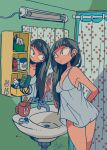  1girl bare_legs bathroom black_hair earrings female indoors jewelry kaneko_sake legs long_hair mirror nightgown original reflection sink solo toothbrush 