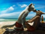  2018 anthro anthro_on_anthro beach beverage black_nose canine claws clothed clothing cloud duo eyes_closed fur grey_fur kissing male male/male mammal multicolored_fur outside pawpads paws sea seaside sky swish tongue tongue_out topless two_tone_fur water whiskers 