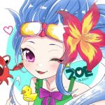  1girl absurdly_long_hair alternate_costume alternate_eye_color alternate_hair_color bare_shoulders flower goggles hair_flower hair_ornament league_of_legends long_hair pool_party_zoe very_long_hair wink zoe_(league_of_legends) 