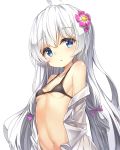  :o ahoge bangs bare_shoulders bikini black_bikini blue_eyes blush bow breasts collarbone commentary_request darnell eyebrows_visible_through_hair flower hair_between_eyes hair_bow hair_flower hair_ornament korean_commentary long_hair looking_at_viewer off_shoulder open_clothes open_shirt parted_lips pink_flower purple_bow shirt silver_hair simple_background small_breasts solo soul_worker stella_unibell swimsuit very_long_hair white_background white_shirt 