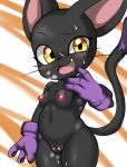  anthro big_ears black_fur blackgatomon blush breasts clothing digimon fangs feline female fur gatomon gloves hi_res lfer long_tail looking_at_viewer mammal mostly_nude navel nipples open_mouth pussy shortstack small_breasts solo sweat tongue whiskers yellow_eyes 