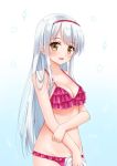  bikini blush breasts brown_eyes commentary_request eyebrows_visible_through_hair gradient gradient_background hoshino_kagari kantai_collection long_hair looking_at_viewer medium_breasts open_mouth pink_bikini shoukaku_(kantai_collection) solo swimsuit white_hair 