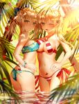  ;d absurdres artoria_pendragon_(all) ass asymmetrical_docking bangs bare_arms bare_shoulders bikini blonde_hair blue_bikini blue_bow blurry blurry_foreground blush bow bracelet breast_press breasts cleavage closed_mouth criss-cross_halter day depth_of_field eyebrows_visible_through_hair fate/grand_order fate_(series) flower green_eyes groin hair_between_eyes hair_bow hair_flower hair_intakes hair_ornament halterneck hand_on_hip highres huge_filesize jewelry junpaku_karen large_breasts long_hair looking_at_viewer looking_to_the_side medium_breasts multiple_girls navel nero_claudius_(fate)_(all) nero_claudius_(swimsuit_caster)_(fate) one_eye_closed open_mouth outdoors petals ponytail saber side-tie_bikini sidelocks smile standing strapless strapless_bikini striped striped_bikini sunlight swimsuit twintails wading white_flower 
