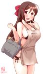  ahoge apron artist_logo bag bikini black_bikini breasts brown_apron brown_hair commentary_request cowboy_shot dated finger_to_mouth hair_ornament hair_ribbon hairclip highres kanon_(kurogane_knights) kantai_collection large_breasts long_hair looking_at_viewer mamiya_(kantai_collection) ponytail red_eyes ribbon shopping_bag side-tie_bikini simple_background solo swimsuit white_background 
