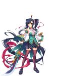  absurdly_long_hair bangs bare_shoulders black_legwear blue_hair blush breasts clenched_hand closed_mouth detached_sleeves fingernails full_body highres holding holding_weapon kan'u katagiri_hinata koihime_musou large_breasts loafers long_hair looking_at_viewer naginata necktie official_art pleated_skirt polearm ponytail sennen_sensou_aigis shiny shiny_clothes shiny_hair shiny_skin shoes side_ponytail skirt sleeveless smile solo standing thighhighs transparent_background very_long_hair weapon wide_sleeves yellow_eyes zettai_ryouiki 