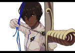  arjuna_(fate/grand_order) bad_id bad_pixiv_id blurry bow_(weapon) brown_eyes brown_hair commentary_request dark_skin depth_of_field fate/grand_order fate_(series) gloves hair_between_eyes highres holding holding_bow_(weapon) holding_weapon long_sleeves male_focus solo takamiya_nao upper_body weapon white_background white_gloves 
