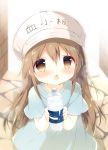  :o artist_name bangs blue_shirt blush bottle brown_eyes brown_hair character_name clothes_writing commentary_request day eyebrows_visible_through_hair flat_cap hair_between_eyes hat hataraku_saibou holding holding_bottle long_hair looking_at_viewer open_mouth outdoors platelet_(hataraku_saibou) shiratama_(shiratamaco) shirt short_sleeves signature solo standing sweat very_long_hair water_bottle white_hat 